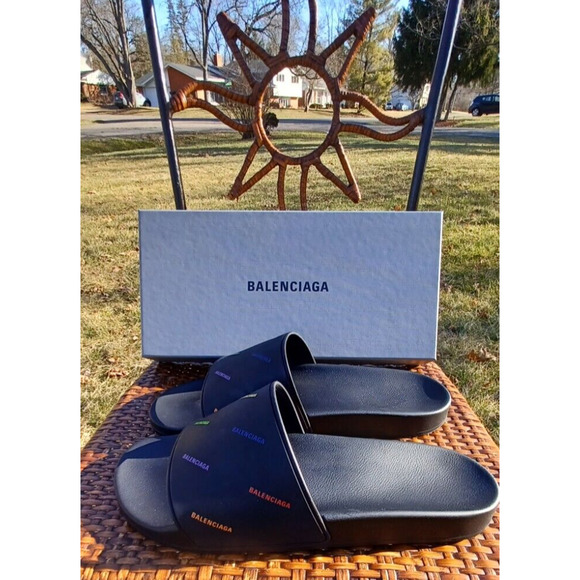 Balenciaga Pool Slides Men's Black Muti Colored Logo Pride US12 EU45 - Picture 1 of 10